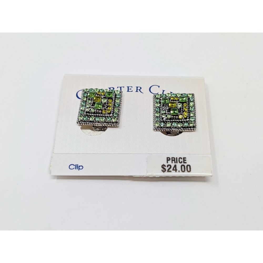 Charter Club Clip On Earrings Square Green Rhinestone Silver Tone Bling New